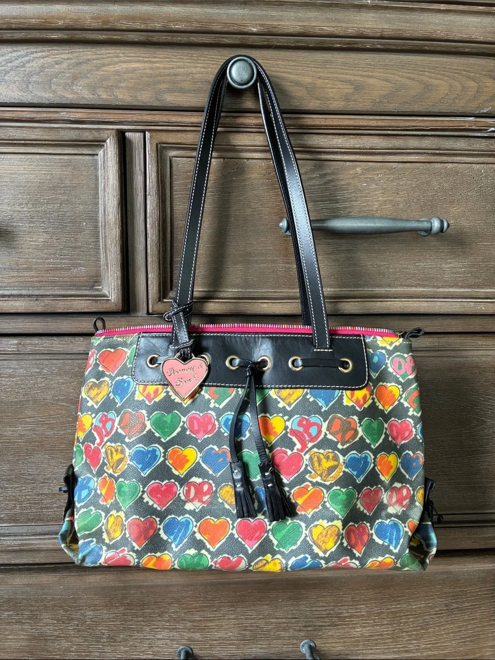 Dooney & Bourke Y2K Multicolor Heart-Print Shoulder Bag with Black Trim